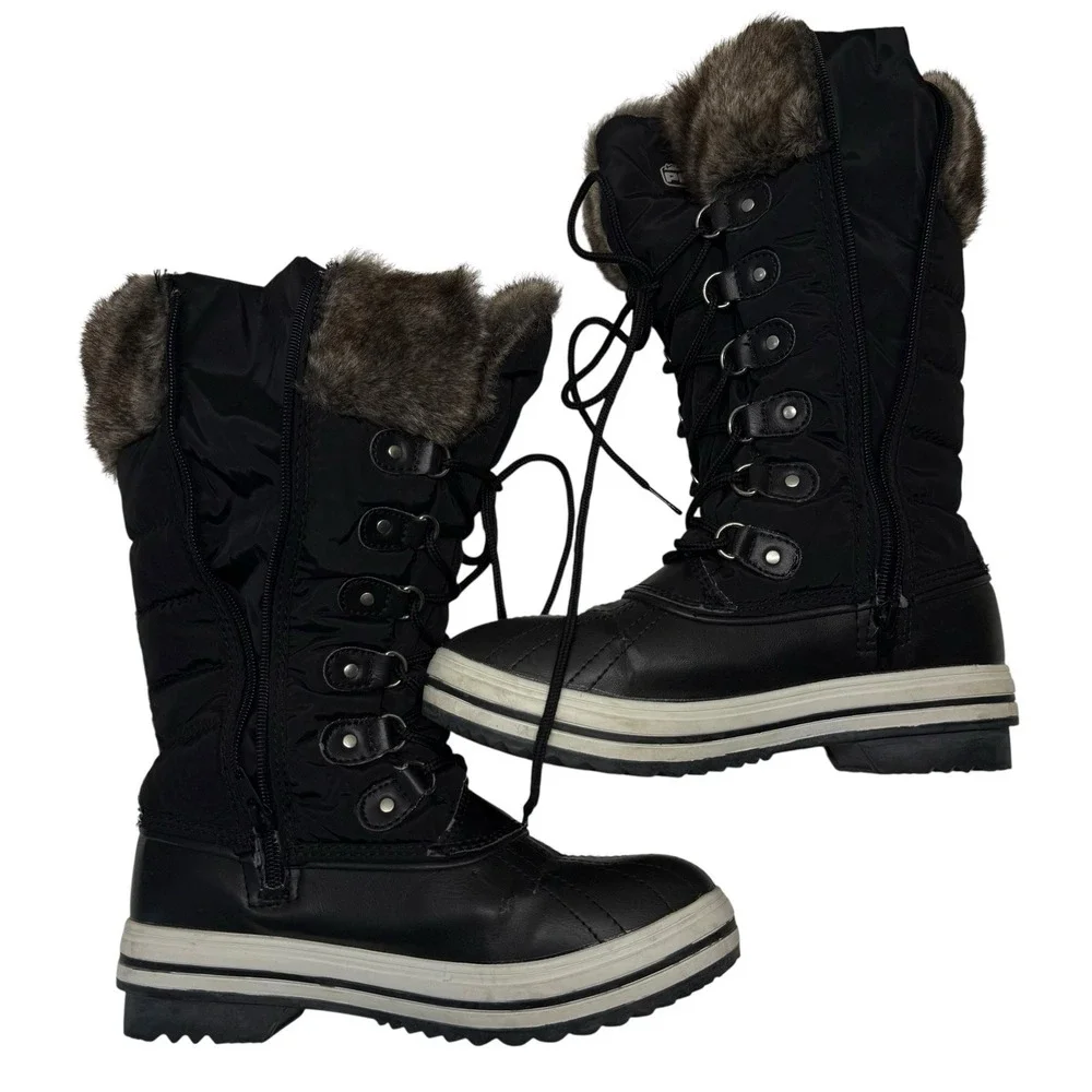 Polar Black Brown Quilted Faux Fur Mid Calf Waterproof Winter Boots‎ Sz 6 S5